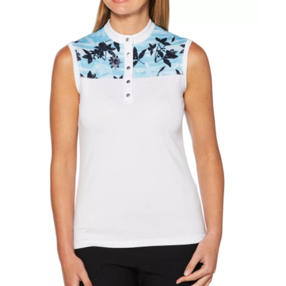 Callaway Golf Polo Womens XL Block Floral Sleeveless White Blue